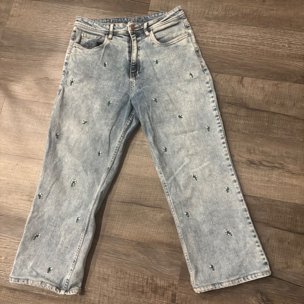 embroidered high rise denim jeans floral coquette y2k artsy Women cottagecore